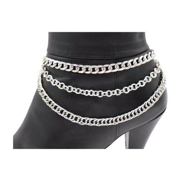 NEW Women Silver Boot Chain Bracelet Shoe 3 Strands Wave Charm Shoe Anklet SET - Picture 14 of 17